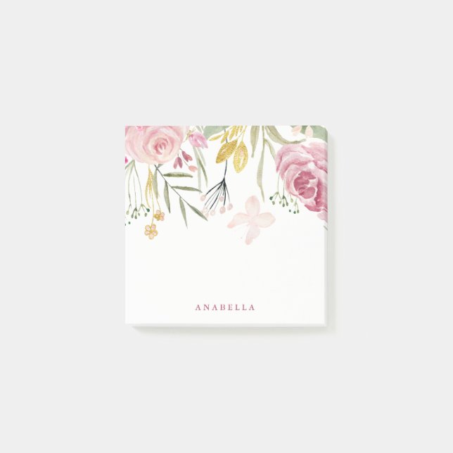 Vattenfärgen blommar | rosor och guldblommigt post-it block (Framsida)