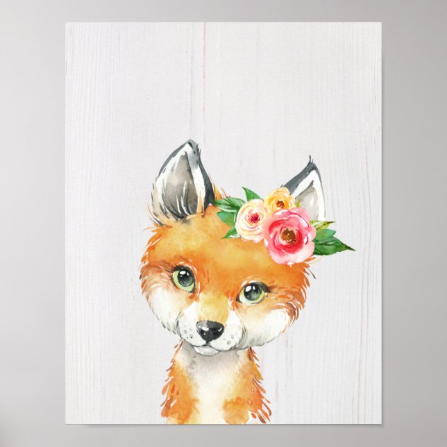 Vattenfärgen Blommigt Baby Fox, Woodland Animals Poster (Framsidan)