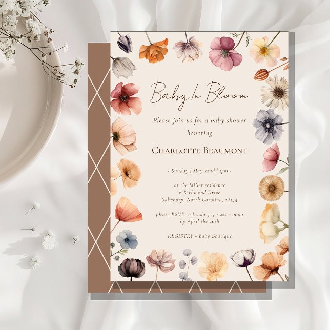 Vattenfärgen Blommigt Baby i Bloom Beige Baby Show Inbjudningar (Skapare uppladdad)