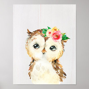 Vattenfärgen Blommigt Baby Uggla Poster