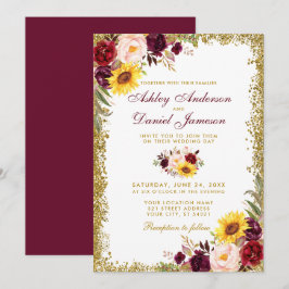 Vattenfärgen Blommigt Bröllop Burgundy Guld Glitte Inbjudningar