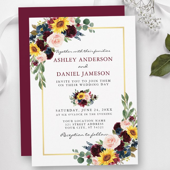 Vattenfärgen Blommigt Bröllop Burgundy Guld Ram Inbjudningar (Customize to change text color, style, add text & photos to back or change color of back of card.)