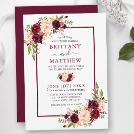 Vattenfärgen Blommigt Bröllop Burgundy Ram Inbjudningar