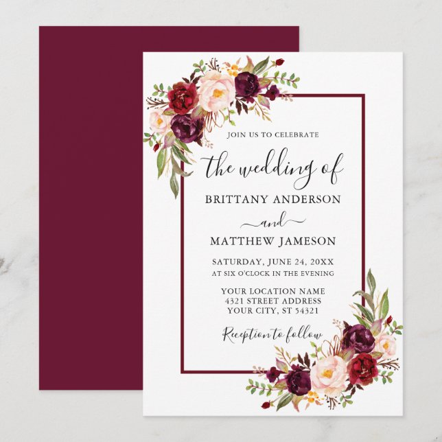 Vattenfärgen Blommigt Bröllop Burgundy Ram Inbjudningar (Fram/baksida)