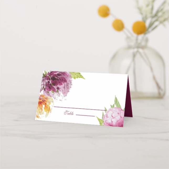 Vattenfärgen Blommigt Bröllop Placeringskort (Framsida)