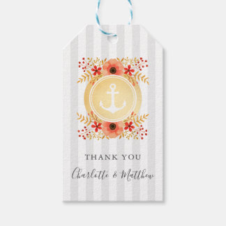 Vattenfärgen Blommigt Guld Anchor Bröllop Tack Presentetikett