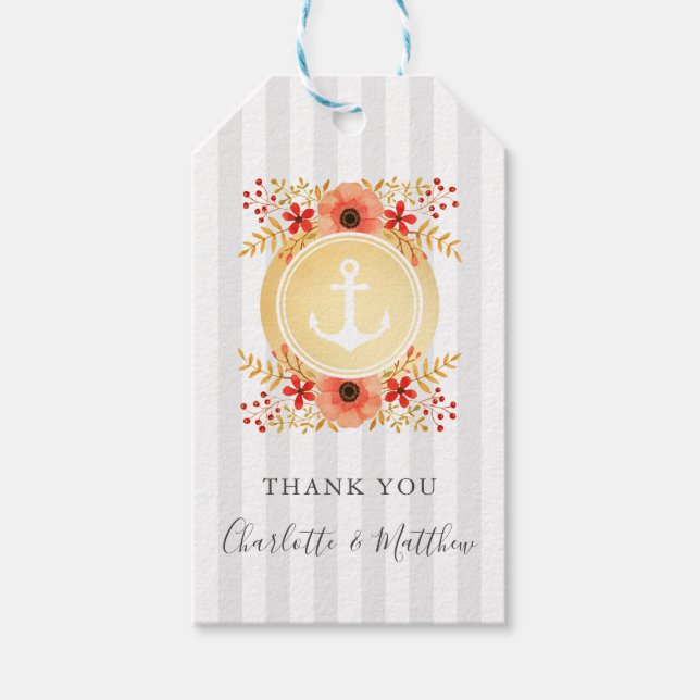 Vattenfärgen Blommigt Guld Anchor Bröllop Tack Presentetikett (Framsidan)