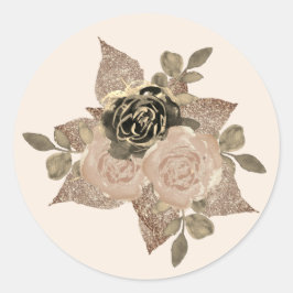 Vattenfärgen Blommigt Guld Glitter Sepia Bröllop Runt Klistermärke