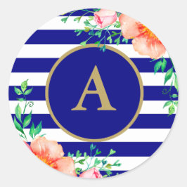 Vattenfärgen Blommigt Guld Monogram Navy White Ran Runt Klistermärke
