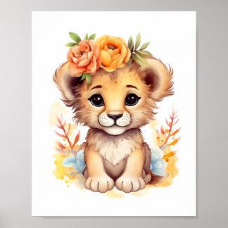Vattenfärgen Blommigt Krona Lejona Unge Nursery Ki Poster