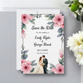 Vattenfärgen Blommigt Ram, och Groom Bröllop Spara Datumet