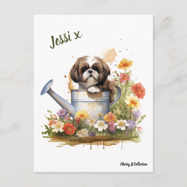 Vattenfärgen Blommigt Shih Tzu kan vara personlig Vykort (Framsida)