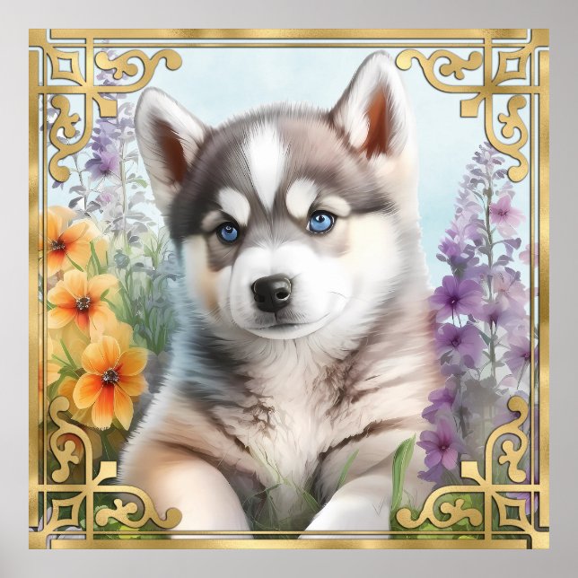 Vattenfärgen Blommigt Siberian husky med Guld Ram Poster (Framsidan)