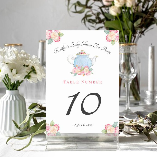 Vattenfärgen Blommigt Tea Party | Babyskor Bordsnummer (Skapare uppladdad)