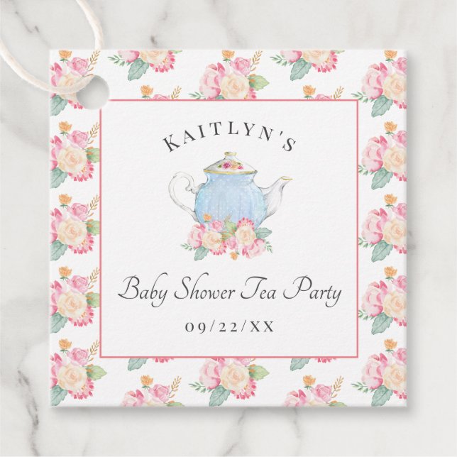 Vattenfärgen Blommigt Tea Party | Babyskor Gåvor Etiketter (Framsida)