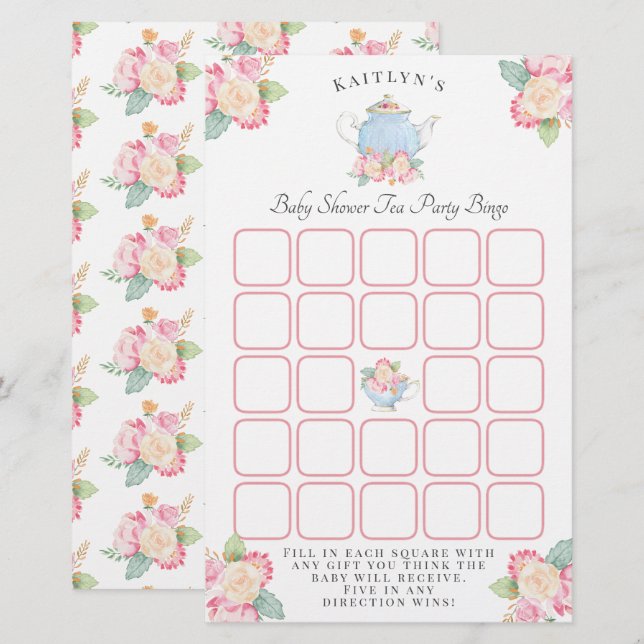 Vattenfärgen Blommigt Tea Party | Babystövel Bingo (Fram/baksida)
