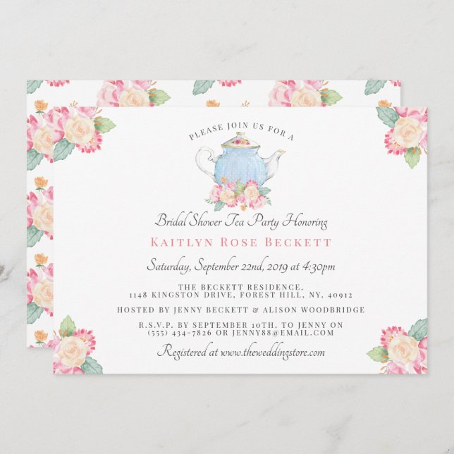 Vattenfärgen Blommigt Tea Party | MÖHIPPA Inbjudningar (Fram/baksida)