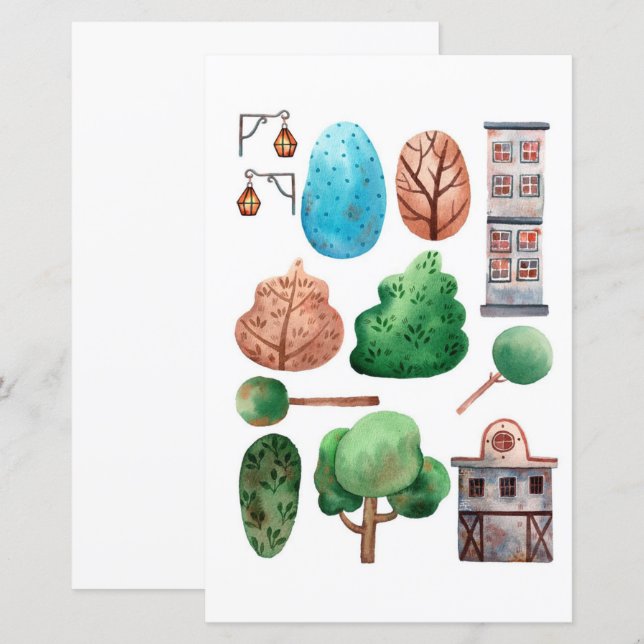 Vattenfärgen byggnad träd för utskärning och kolla (Fram/baksida)