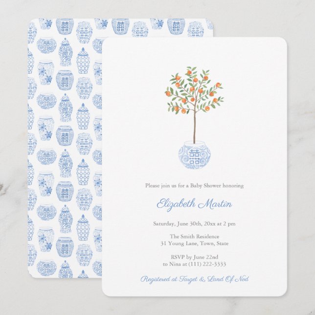 Vattenfärgen Citrus Orange Träd Pojke Shower Inbjudningar (Fram/baksida)