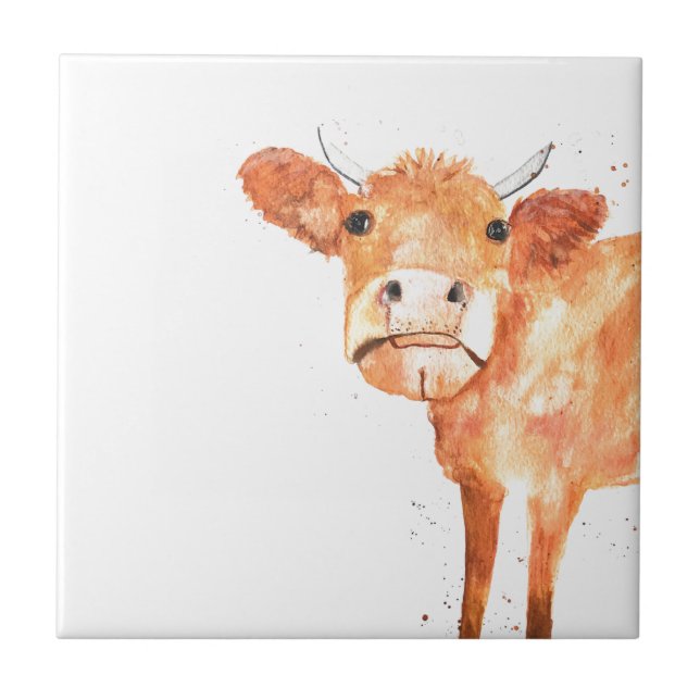 Vattenfärgen Cow Boskap Farmyard art Kakelplatta (Framsidan)