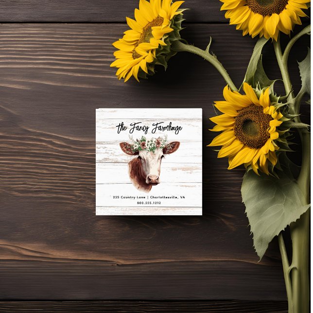 Vattenfärgen Cow Farmhouse Blommigt QR-kod Fyrkantigt Visitkort (Fancy Farmhouse Business Card)