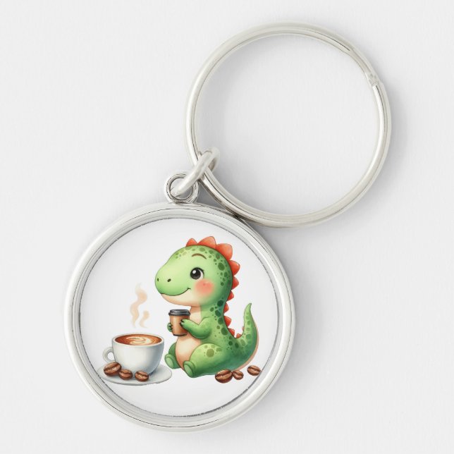 vattenfärgen Cute Dinosaur Premium Round Keychain Rund Silverfärgad Nyckelring (Framsidan)