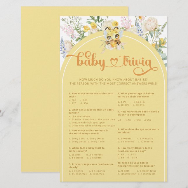 Vattenfärgen Cute honey Bee Baby Trivia Game (Fram/baksida)