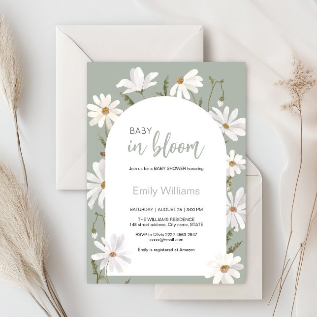 Vattenfärgen daisy baby i blomblommans babydusch inbjudningar (Daisy wildflower watercolor baby in bloom floral shower invitation in sage colors, rustic, boho)