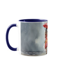 Vattenfärgen Dam i Rain Umbrella Red Dress Mugg