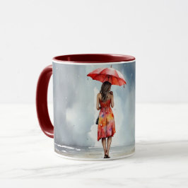 Vattenfärgen Dam i Rain Umbrella Red Dress Mugg