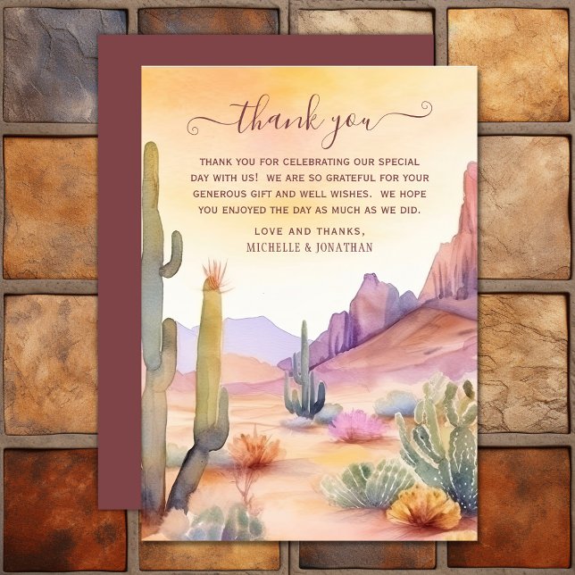 Vattenfärgen Desert och Cactus Southwest Bröllop Tack Kort (Watercolor Desert and Cactus Southwestern Wedding Thank You Card)