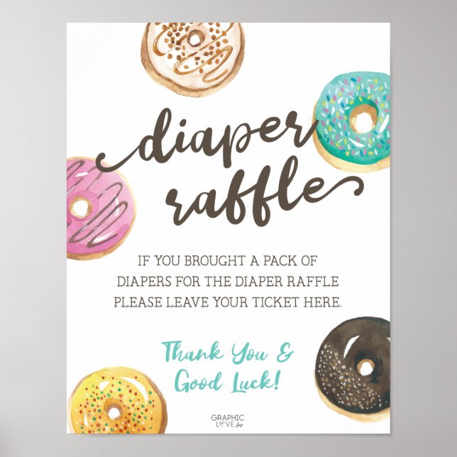 Vattenfärgen Donut Baby Shower Diaper Raffle Sign Poster (Framsidan)