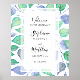 Vattenfärgen Dusty Blue Grönt Löv Foliage Bröllop Poster