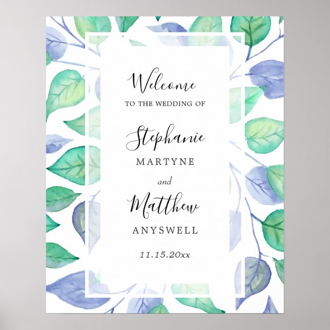 Vattenfärgen Dusty Blue Grönt Löv Foliage Bröllop Poster (Framsidan)