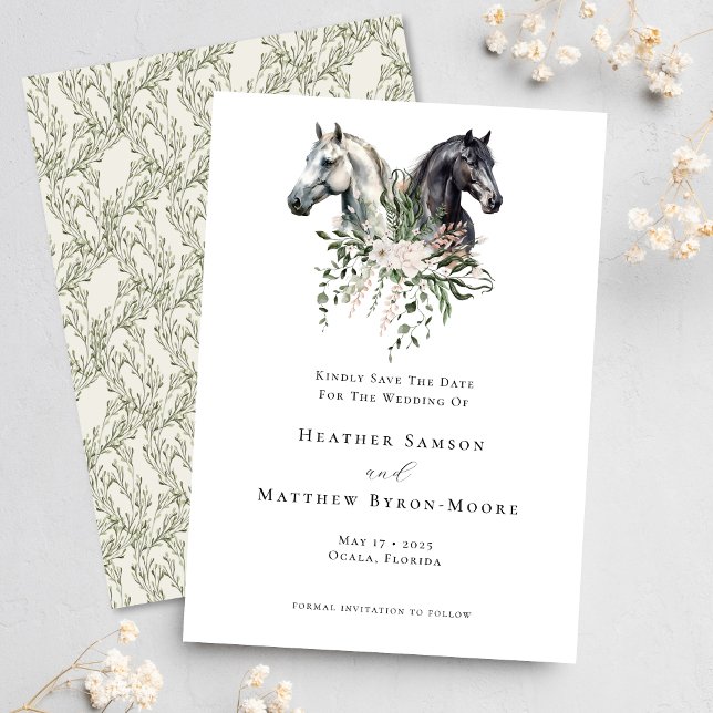 Vattenfärgen Equestrian Bröllop Elegant Horses Spara Datumet (Classy and elegant equestrian wedding invitation design)