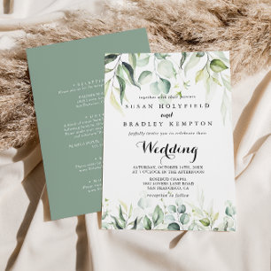 Vattenfärgen Eucalyptus Grönt Front & Back Bröllop Inbjudningar