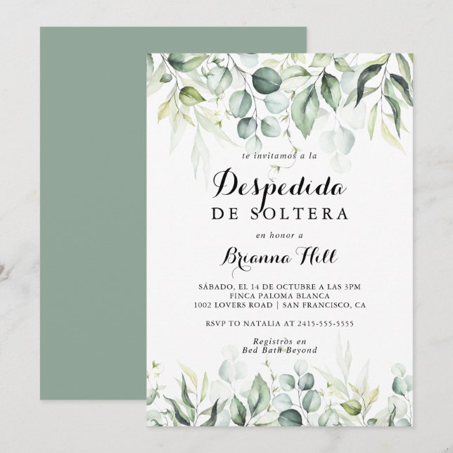 Vattenfärgen Eucalyptus Grönt Spansk Möhippa Inbjudningar (Fram/baksida)