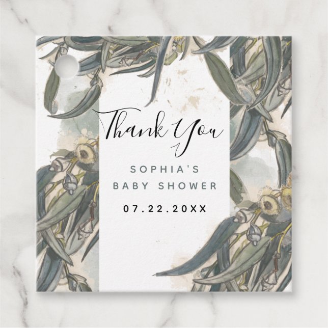 Vattenfärgen Eucalyptus Löv Greenery Baby Shower Gåvor Etiketter (Framsida)