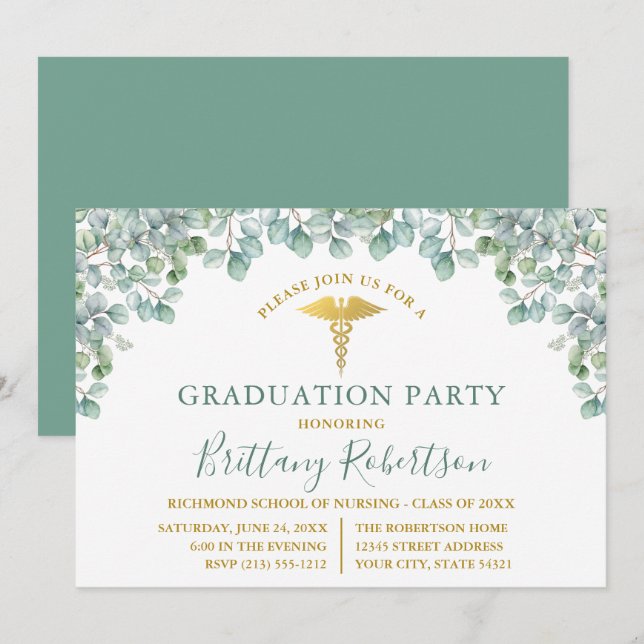 Vattenfärgen Eucalyptus Lövs Medical Grad Party Inbjudningar (Fram/baksida)