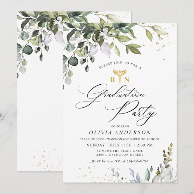 Vattenfärgen Eucalyptus Nursing School Studenten Inbjudningar (Fram/baksida)