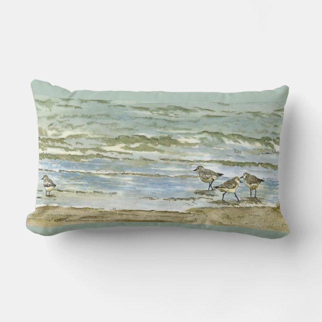 Vattenfärgen för Sandpipersstrandfågel i havsblått Lumbarkudde (Framsida)