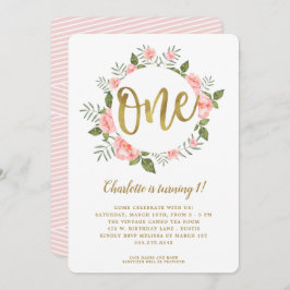 Vattenfärgen Första födelsedagen Guld och Rosa Blo Inbjudningar