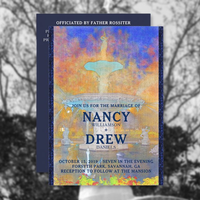 Vattenfärgen Forsyth Park Fontän vid Nattens Bröll Inbjudningar (Skapare uppladdad)