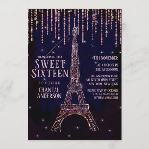 Vattenfärgen Glitter Paris Eiffel Torn Sweet 16 Inbjudningar