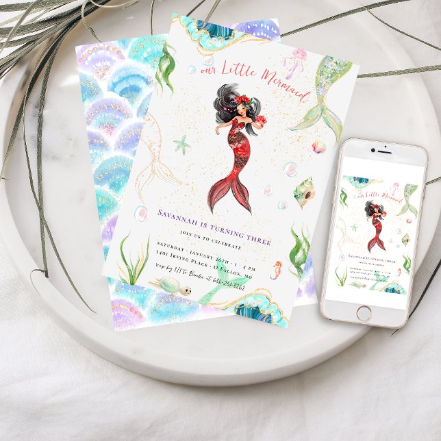 Vattenfärgen Glitter Sjöjungfru Birthday Inbjudningar (Skapare uppladdad)