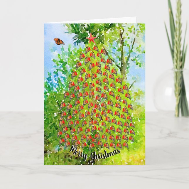 Vattenfärgen God jul Monarch Butterfly Träd Helgkort (Framsida)