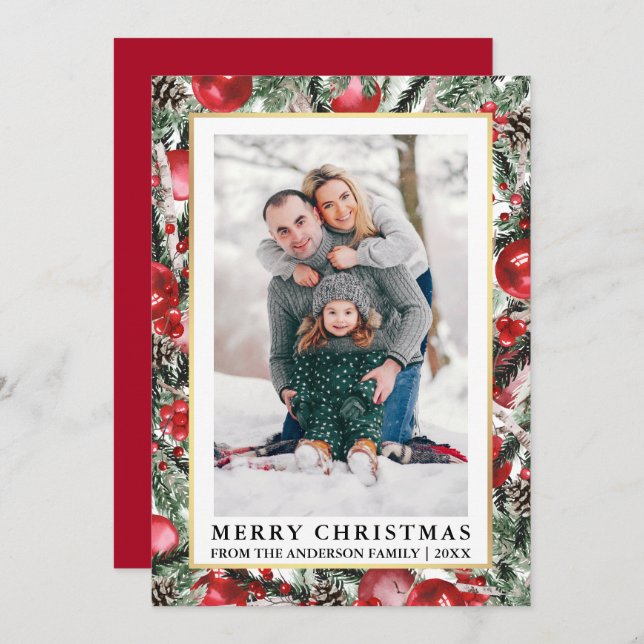 Vattenfärgen Gräs julprydnadsföremål Photo Red Julkort (Fram/baksida)