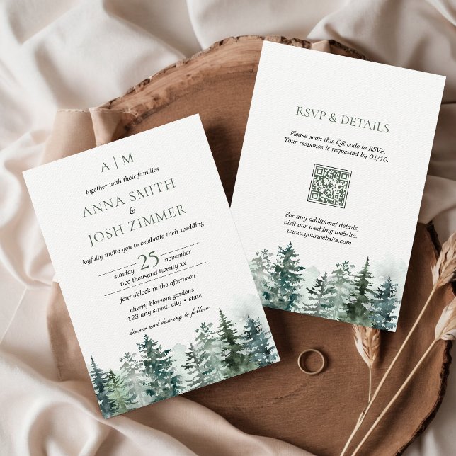 Vattenfärgen Gräs Träd Forest Rustic QR-kod Bröllo Inbjudningar (Rustic Pine Tree Forest Mountains Wedding Invitation with QR Code All in one)