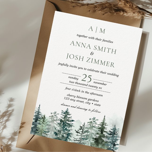 Vattenfärgen Gräs Träd,, skogen Rustic Bröllop Inbjudningar (Pine Tree Forest Wedding Invitation Outdoor Mountain Lakeside Nature Cosy Rustic Green Unique)