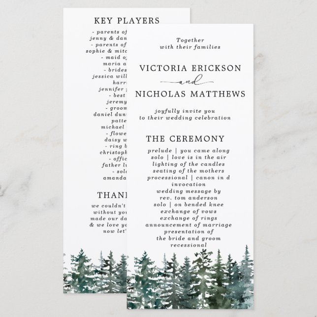 Vattenfärgen Gräs Träd skogsinsamlingen Bröllop Program (Fram/baksida)